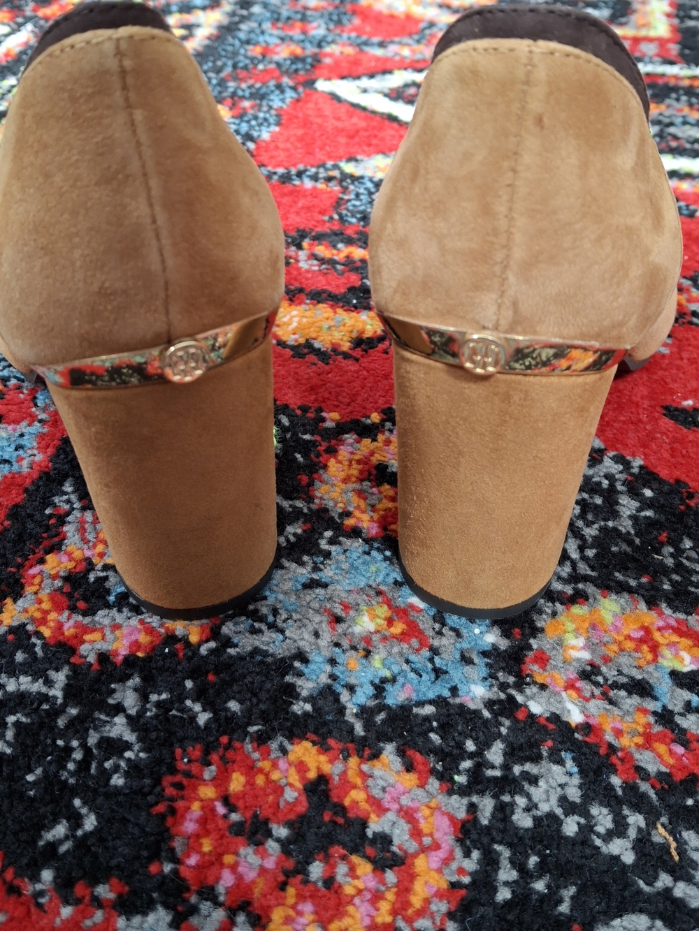 Tommy Hilfiger Tan Suede Block Heels with Dark Brown Trim Size 8.5